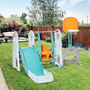 5 em 1 Escorrega e Baloiço para Crianças acima de 18 meses com 2 Cestas de Basquetebol Porteria de Futbol com Assento Ajustável Parque Infantil Interior e Exterior 210x186x133cm Multicor
