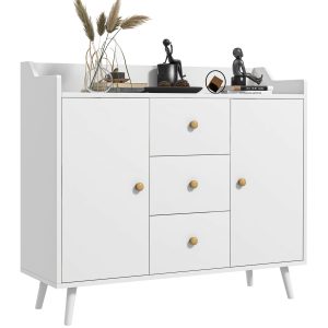 Aparador Sala de Estar Moderno com 2 Portas 3 Gavetas e Pés de Madeira 90x32x80 cm Branco