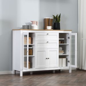Aparador de Cozinha com Armário 2 Gavetas 2 Portas de Vidro e Prateleiras Ajustáveis Móvel Auxiliar de Armazenamento para Sala de Jantar Sala de Estar 120x40x90cm Branco