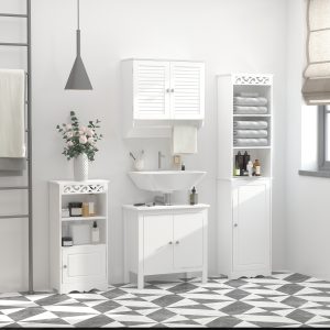 Armário Casa de Banho de Parede com 2 Portas de Persiana Prateleira Interior e Barra para Toalhas Móvel Auxiliar Suspenso Moderno Multiuso para Cozinha 60x23x60cm Branco