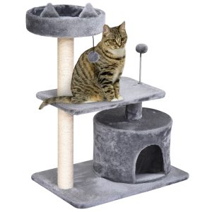 Arranhador para Gatos 81 cm Torre com Cama Plataforma Caverna Poste de Sisal e Bolas de Brinquedo 60x40x81 cm Cinza
