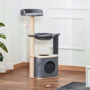 Árvore Arranhador para Gatos Árvore para Escalar Brincar e Descansar com Rede Plataformas Caverna Bola Suspensa e Poste de Sisal para Aranhar 48x34x95cm Cinza