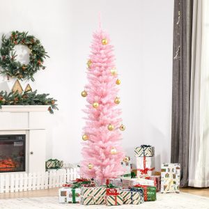 Árvore de Natal Artificial 180cm Ignífugo com 390 Ramos de PVC e Suporte de Metal Decoração de Natal para Interiores Rosa