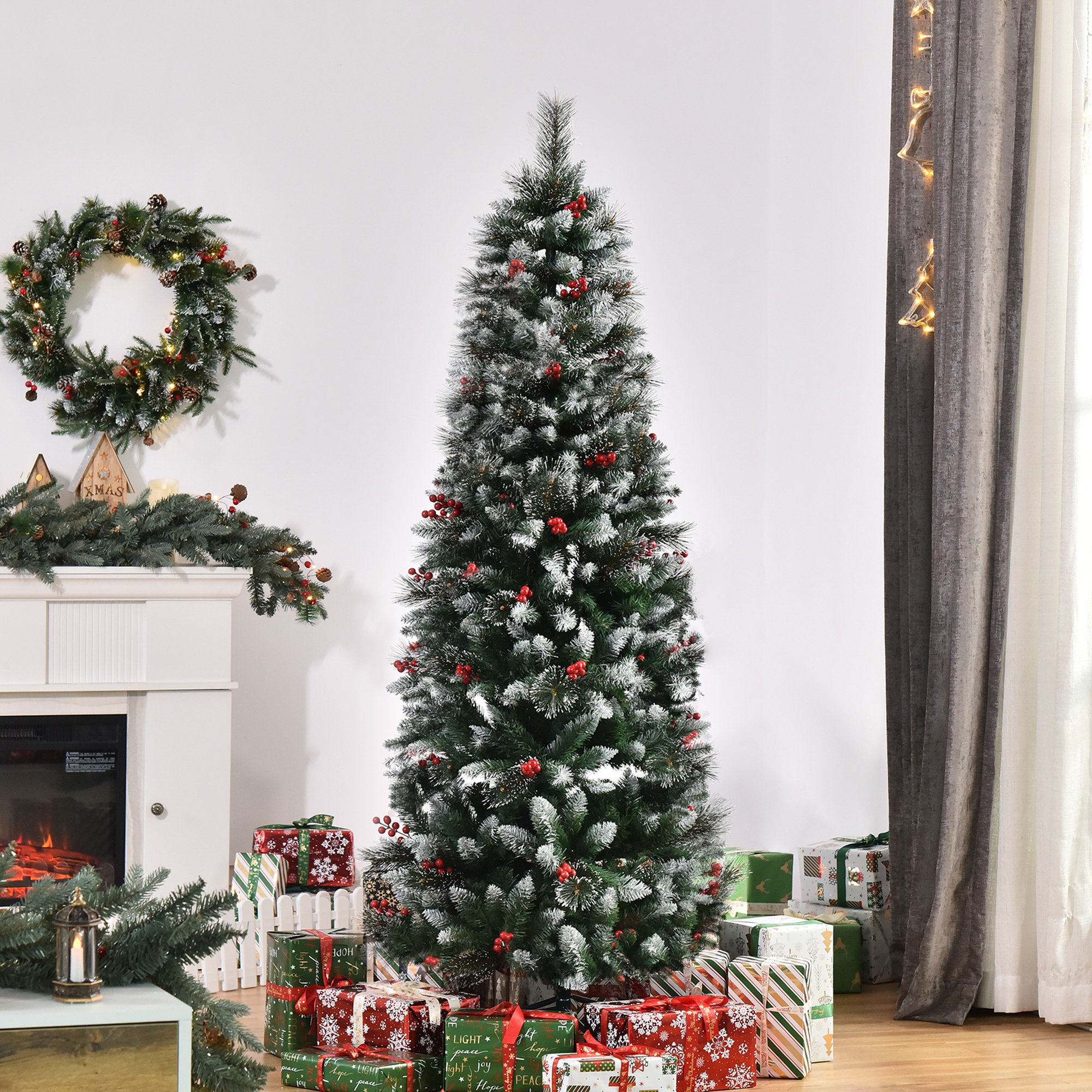 Árvore de Natal Artificial 180cm Ignífugo com 539 Ramos, 51 Bagas, Folhas de PVC, Base Dobrável e Suporte Metálico Decoração de Natal para Interiores