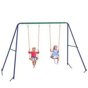 Baloiço para Crianças de 3-8 Anos com 2 Assentos Resistente aos Raios UV e Suporte de Metal Carga 90 kg 269x160x180 cm
