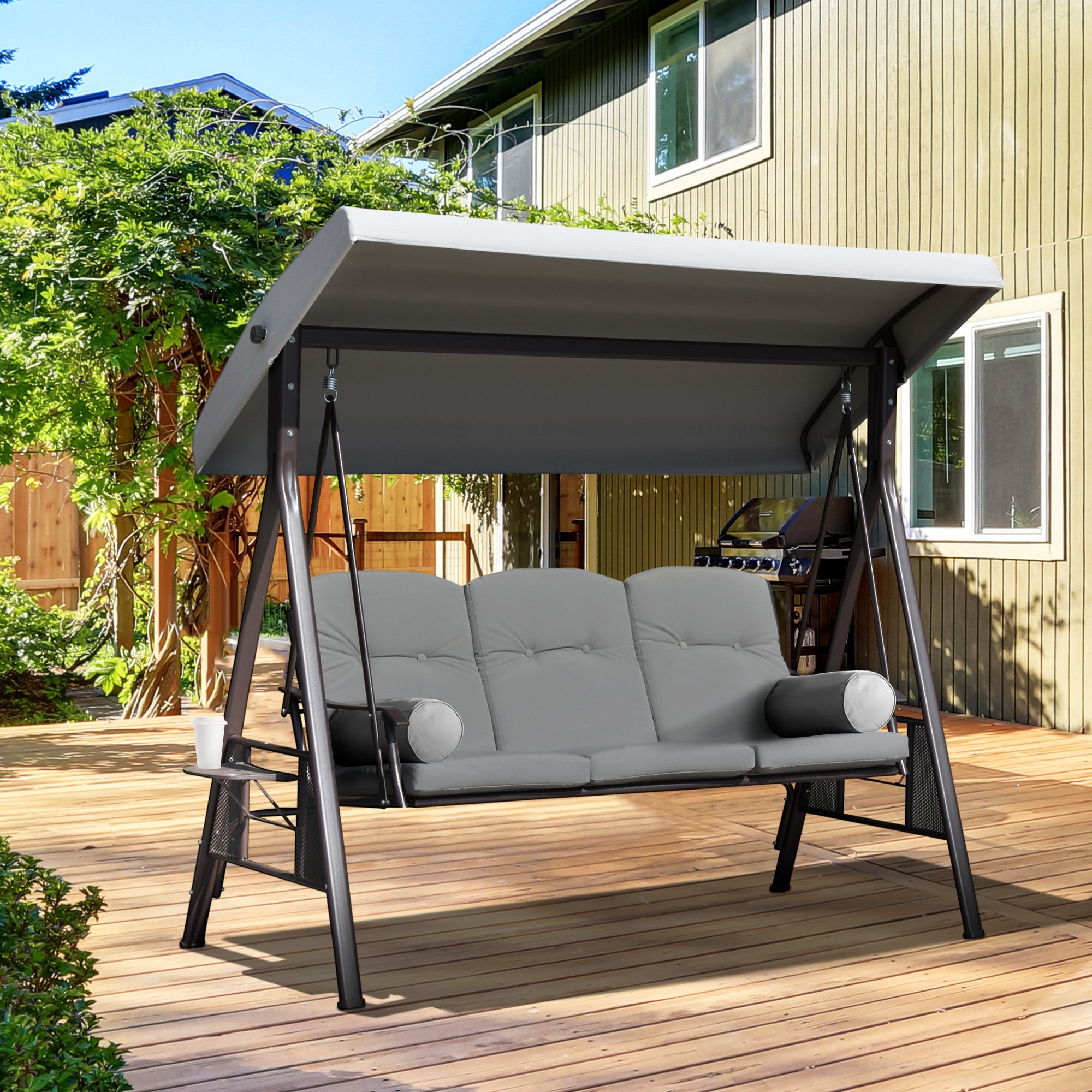 Banco Baloiço de Jardim de 3 Lugares com Teto, 2 Almofadas, Suporte para Bebidas e Estrutura de Metal para Terraço Carga Máxima 360kg 206x116x183cm Ci