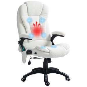 Cadeira de Massagem com 6 Pontos Escritório Reclinável até 130° Função Aquecimento Altura Ajustável e Rodas para Estúdio 67x74x107-116 cm Branco