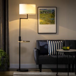 Candeeiro de Pé com Prateleira Lâmpada E27 Máx. 40W com Ecrã de Linho Interruptor de Corrente e Carregador USB