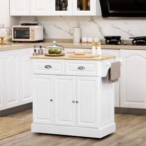 Carrinho de Cozinha Ilha de Cozinha com Rodas Móvel Multifuncional com 2 Gavetas 3 Armários Suporte para Panos e para Temperos para Sala de Jantar