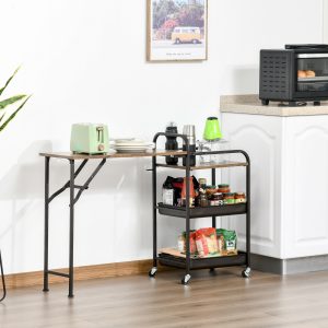 Carrinho de Cozinha com Rodas Carrinho Auxiliar com Prateleiras de 3 Níveis Bancada Dobrável e 2 Porta-Copos para Sala de Jantar 118x36