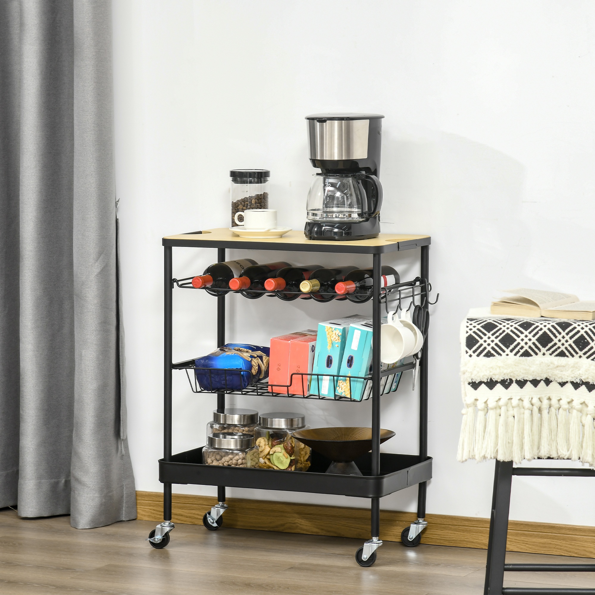 Carrinho de Cozinha com Rodas, Carrinho de Cozinha Multiuso com Suporte para Garrafas, Cesta Removível e 4 Ganchos 60,5x35,5x75cm Preto e Carvalho