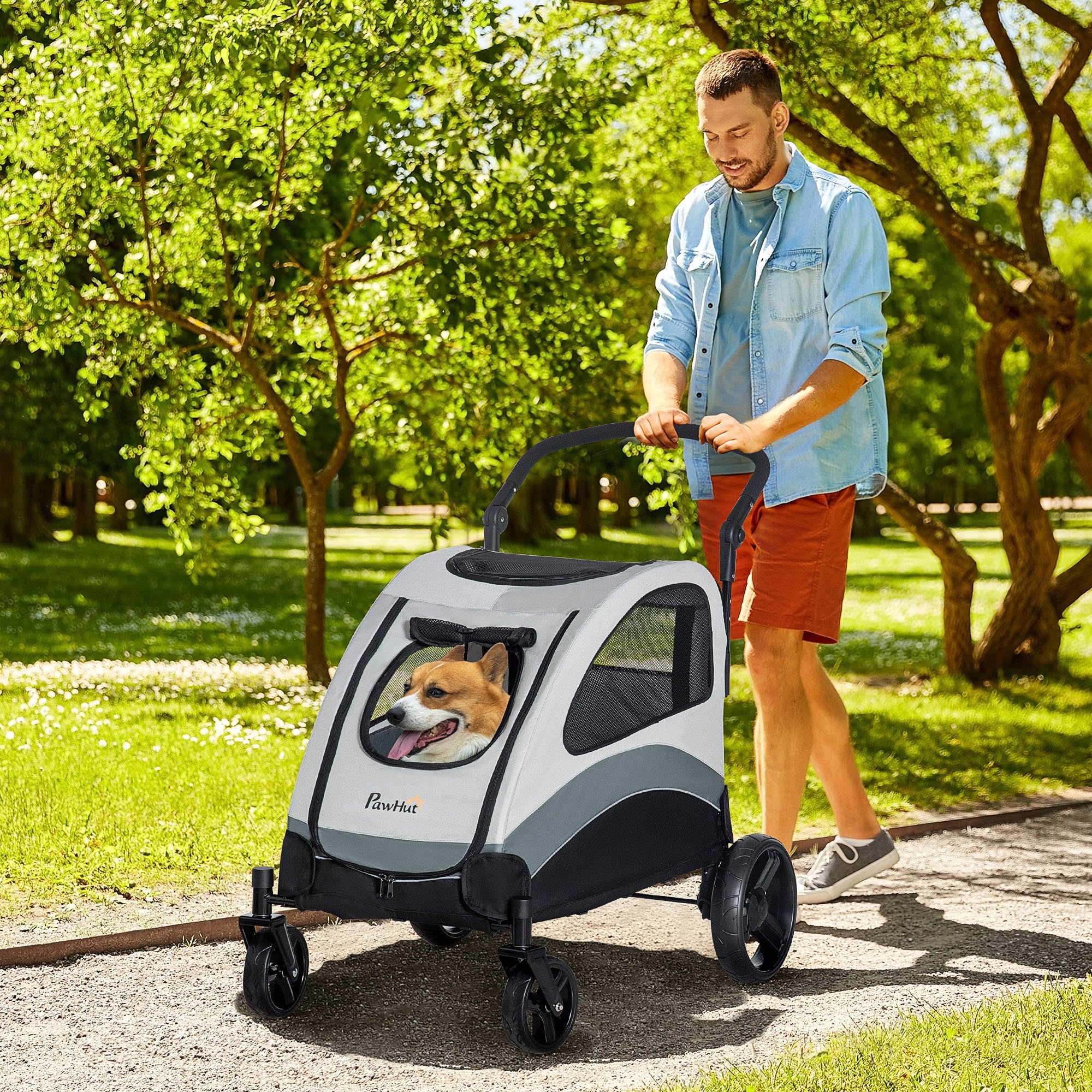 Carrinho para Animais de Estimação Dobrável com 5 Janelas Transpiráveis, 2 Portas Bolso de Armazenamento, Cinto de Segurança e Travões, Tecido Oxford