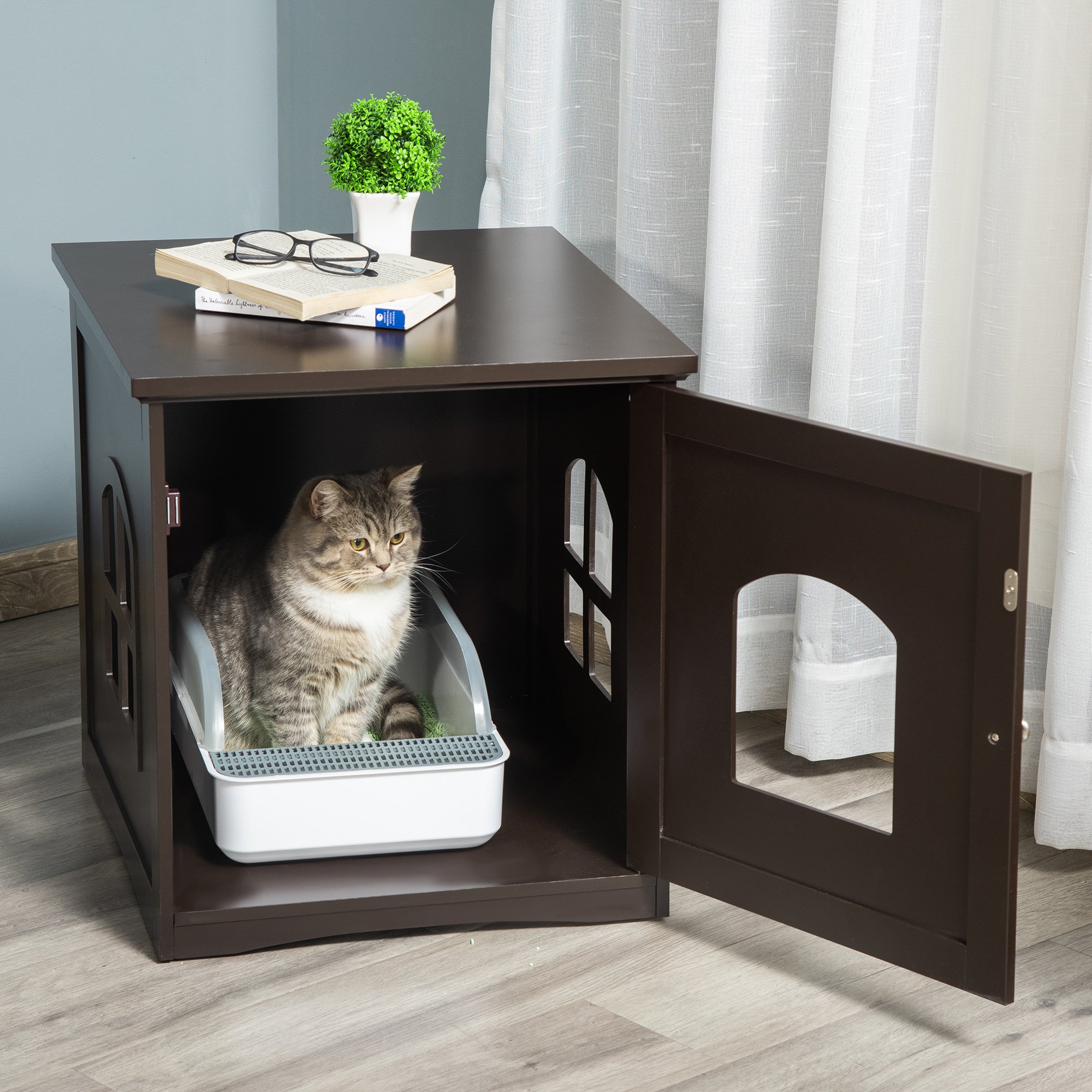 Casa para Gatos de Madeira, Móvel para Caixa de Areia para Gatos 2 em 1 com Armário de Armazenamento, Bancada Ampla, Porta e 3 Janelas Cruzadas 48,7x5