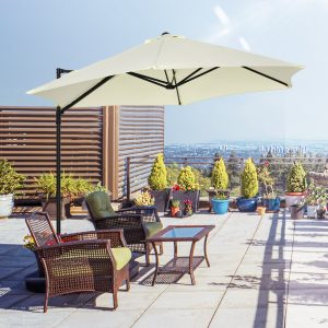 Chapéu de Sol de Jardim Ø256x245cm Chapéu de Sol Excêntrico Rotação 360° com Abertura Manual e Base Cruzada para Pátio Varanda Exterior Bege