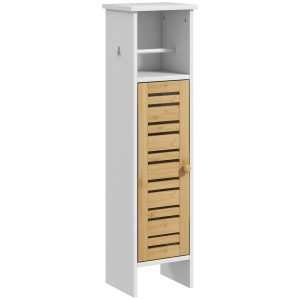 Coluna Casa de Banho Moderna Móvel Auxiliar com Suporte para Papel Higiénico Prateleiras Ajustáveis e Porta Bambu Anti-Tombo 21x17x78 cm Branco Madeira