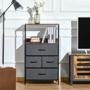 Cómoda com 4 Gavetas Dobráveis e Prateleira Aberta Estilo Industrial Anti-Tombo 58x29x103cm Marrom e Cinza
