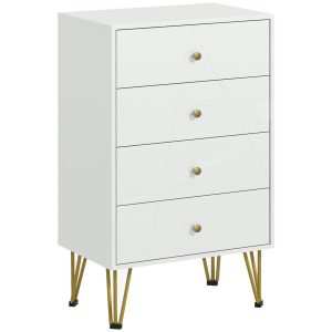 Cómoda de Quarto Moderna Madeira com 4 Gavetas e Pés Metálicos para Sala Escritório 60x40x100 cm Branco