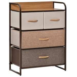 Cómoda de Tecido com 4 Cestos Removíveis e Dobráveis Base Elevada Móvel Armazenamento para Dormitório Sala Estar 58x29x78