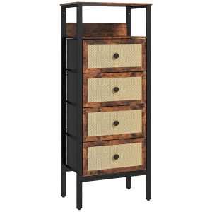 Cómoda de Tecido com 4 Gavetas com Frente em Vime Prateleira e Estrutura em Aço para Sala de Estar 50x30x126 cm Marrom Rústico