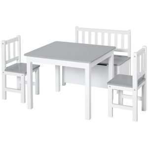 Conjunto Infantil de Mesa 2 Cadeiras e Banco com Armazenamento Branco e Cinza