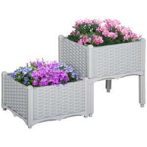 Conjunto de 2 Floreiras Quadradas com Orifícios de Drenagem e Pés Altos 40x40x26-44cm Cinzento