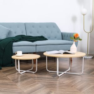 Conjunto de 2 Mesas de Centro Ø65x32cm e Ø45x26cm Mesas de Sala de Estar Redondas com Bancada de Madeira e Pés de Metal Madeira e Branco