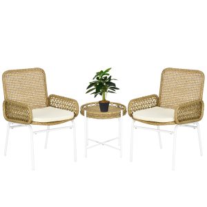 Conjunto de 3 Peças Inclui 2 Cadeiras e 1 Mesa de Centro de Vime com Almofadas