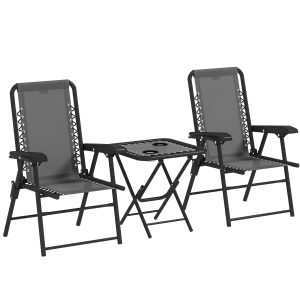 Conjunto de Mesa e Cadeiras de Jardim com Estrutura de Aço e Suporte para Copos Cinza Escuro