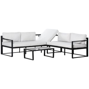 Conjunto de Móveis de Jardim 3 Peças de Alumínio com Mesa de Vidro Sofá de 2 Lugares e Sofá de 3 Lugares com Encosto Ajustável e Almofadas Removíveis 212x70x64cm Preto e Cinza