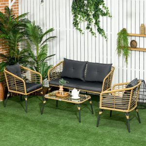 Conjunto de Móveis de Vime para 4 Pessoas Móveis de Jardim de 4 Peças com Sofá de 2 Lugares 2 Poltronas Mesa de Centro e 4 Almofadas