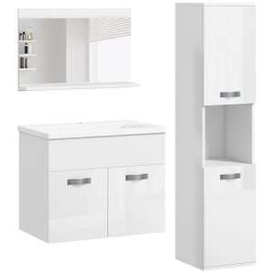 Conjunto de Móveis para Casa Banho Parede 3 Peças Inclui Espelho com Prateleira Móvel Lavatório Cerâmico e Coluna Estilo Moderno Branco
