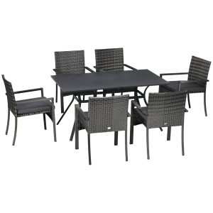 Conjunto de Refeição Jardim em Vime Sintético Móveis para Exterior 7 Peças Inclui 6 Cadeiras com Almofadas e Mesa Metal Cinza