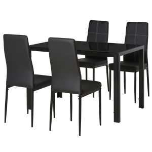 Conjunto de Refeição Mesa e 4 Cadeiras 5 Peças Móveis Cozinha Retangular Vidro Temperado Estofadas em PU com Pés Metal Preto