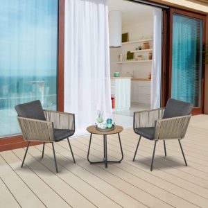 Conjunto de exterior para jardim, móveis de vime 1 mesa redonda e 2 cadeiras com almofadas acolchoadas, Estrutura em Aço, Cor cáqui e cinza