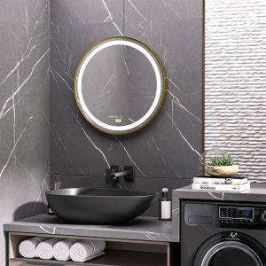 Espelho Casa de Banho com Luz LED Ø60x4cm Espelho Redondo com Interruptor Tátil 3 Luzes Ajustáveis Visualização de Temperatura e Hora Função de Memória Estrutura de Alumínio Dourado