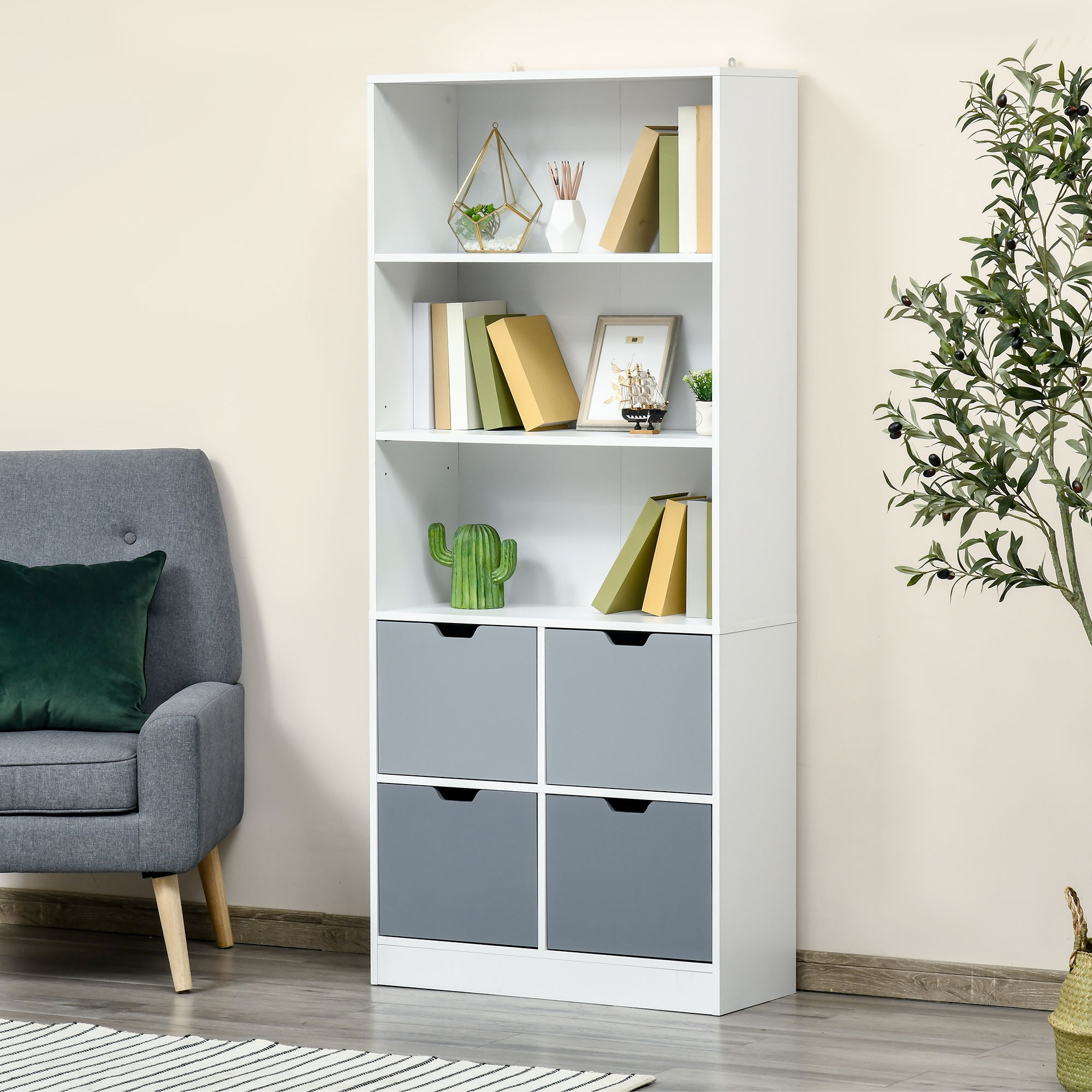 Estante de Livros com 4 Gavetas, 3 Prateleiras de Armazenamento e Prateleira Ajustável 76x30x173cm Branco e Cinza