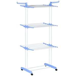 Estendal Dobrável para Roupa com Rodas Vertical de Aço com 3 Níveis Laterais Dobráveis Carga Máxima 70kg 73x64x177cm Azul e Branco