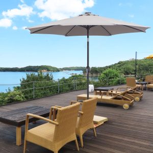 Guarda Sol com 32 Luzes LED Solares Ø265x233cm Inclinável com Manivela e Mastro de Aço para Terraço Pátio Exterior Cinza