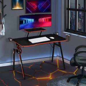 Mesa Gaming Ergonómica Secretária para Computador com Suporte para Monitor e Alto Falante Porta-Copos Gancho para Fones de Ouvido Fibra de Carbono 120x60x94