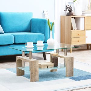 Mesa de Centro Retangular de Sala de Estar com 2 Prateleiras de Vidro Temperado