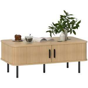 Mesa de Centro  com 2 Portas de Correr 2 Compartimentos e Pés de Aço para Sala de Estar Quarto 100x55x40 cm Carvalho