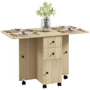 Mesa de Jantar Dobrável com Rodas Abatível com 2 Gavetas e Armário Auxiliar Multifuncional para Estúdio Cozinha 120x60x76