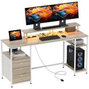Mesa para Computador Secretária com Luzes LED Prateleiras Gavetas Plug Entrada USB e Suporte Monitor Escritório Estúdio 155