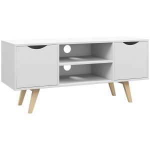 Móvel de TV Moderno para Televisores até 50 Polegadas Sala Estar com 2 Armários Prateleiras Abertas e Pés Madeira 110x39x50 cm Branco