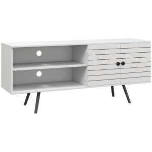 Móvel de TV para Televisores até 65 Polegadas Sala com 2 Prateleiras Abertas 1 Armário Portas e Orifícios Cabos 145x38x65 cm Estilo Moderno Branco