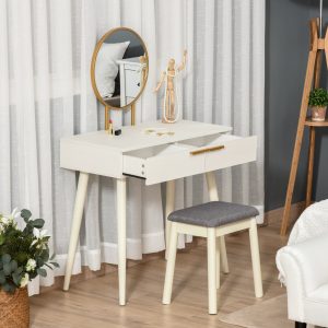 Penteadeira com espelho redondo Mesa de maquiagem com 2 gavetas Estilo Moderno para 80x40x123 cm Branco