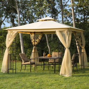 Pérgula ao ar livre com rede mosquiteira para jardim, Estrutura de aço 300x300x265cm, Cor bege