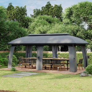 Pérgola de Exterior com Teto Duplo 6 Cortinas Laterais 6 Telas Mosquiteiras com Zíper e Estrutura de Metal para Festas Eventos Pátio Cinza Escuro