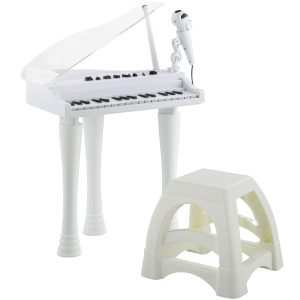 Piano Eletrónico para Crianças com 32 Teclas Microfone Banco Luzes 22 Músicas 4 Tons Pés Amovíveis e Volume Ajustável 37x30