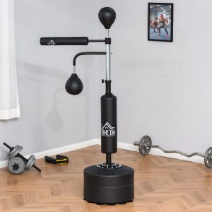 Saco de Boxe de Pé com Altura Ajustável com 2 Bolas de Velocidade Barra Giratória 360° e Base Preenchida com Água ou Areia Punching Ball para Adultos 88x50x160-230cm Preto